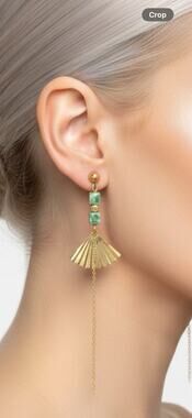 Vintage Gold Tone Green Stone Asian Fan Drop Earrings $28